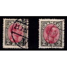 Christian X - 2 kr. grå/rødlilla - 2 enkelt mærker - stemplet.